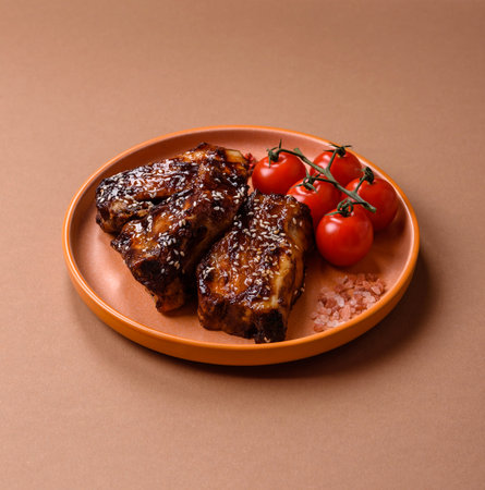 Grilled or bbq pork ribs with sauce, a food prepared for dinner. Grilled ribs as a food background for your designの写真素材