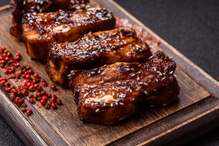 Grilled or bbq pork ribs with sauce, a food prepared for dinner. Grilled ribs as a food background for your designの写真素材
