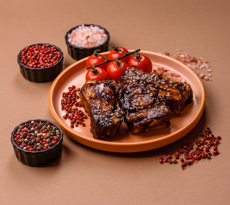 Grilled or bbq pork ribs with sauce, a food prepared for dinner. Grilled ribs as a food background for your designの写真素材