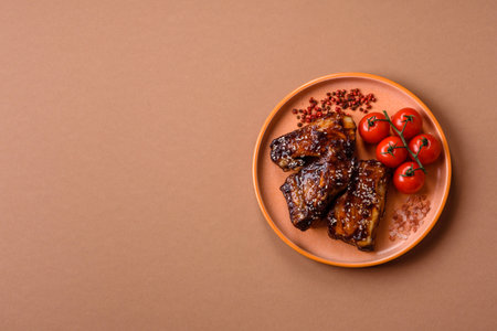 Grilled or bbq pork ribs with sauce, a food prepared for dinner. Grilled ribs as a food background for your designの写真素材