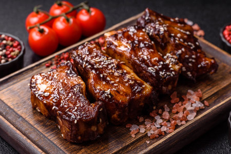 Grilled or bbq pork ribs with sauce, a food prepared for dinner. Grilled ribs as a food background for your designの写真素材