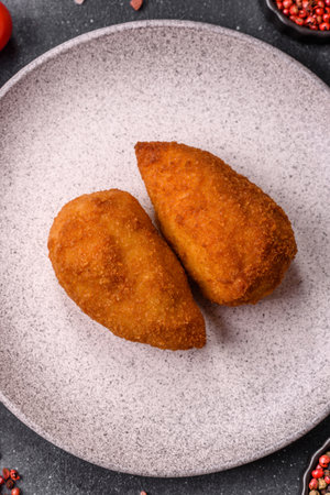 Chicken Kyiv cutlet with buttery filling, a lunch of chicken breast meat. Chicken Kyiv cutlet as a...