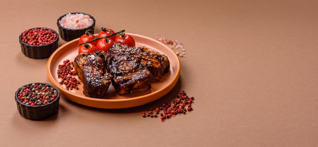 Grilled or bbq pork ribs with sauce, a food prepared for dinner. Grilled ribs as a food background for your designの写真素材