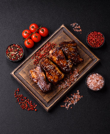 Grilled or bbq pork ribs with sauce, a food prepared for dinner. Grilled ribs as a food background for your designの写真素材