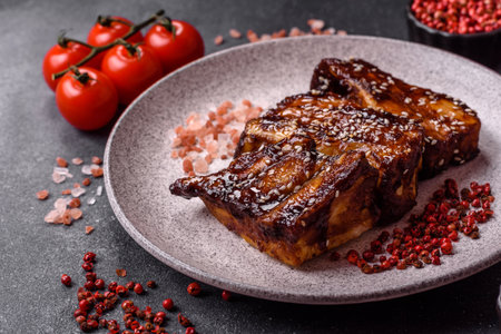 Grilled or bbq pork ribs with sauce, a food prepared for dinner. Grilled ribs as a food background for your designの写真素材