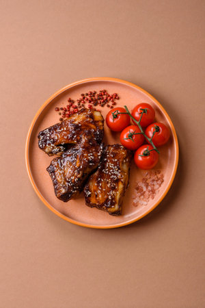 Grilled or bbq pork ribs with sauce, a food prepared for dinner. Grilled ribs as a food background for your designの写真素材