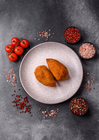Chicken Kyiv cutlet with buttery filling, a lunch of chicken breast meat. Chicken Kyiv cutlet as a...