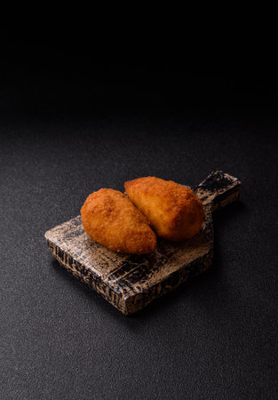 Chicken cutlet with buttery filling, a lunch of chicken breast meat. Chicken cutlet as a food background for your designの写真素材