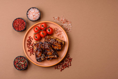 Grilled or bbq pork ribs with sauce, a food prepared for dinner. Grilled ribs as a food background for your designの写真素材