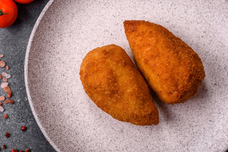 Chicken Kyiv cutlet with buttery filling, a lunch of chicken breast meat. Chicken Kyiv cutlet as a...