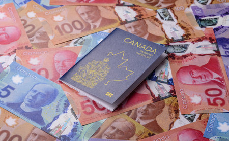 Canada passport, Canadian visa for international travel and vacation. Canadian passport as a background for your designの写真素材
