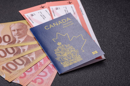 Canada passport, Canadian visa for international travel and vacation. Canadian passport as a background for your designの写真素材