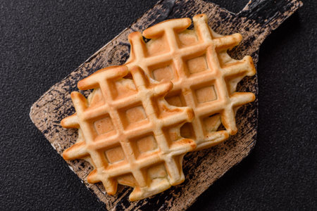 Belgian waffles, a healthy sweet breakfast dessert, food background. Belgian waffles as a food background for your designの写真素材