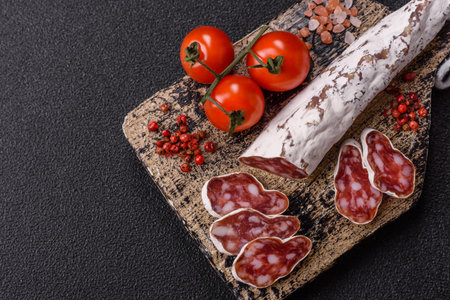 Dry Spanish salami sausage fuet as a snack for the dinner table. Fuet sausage as a food background...