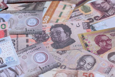 Money background, currency exchange, paper banknotes from different countries. Money cash currency as a financial background for your designの写真素材