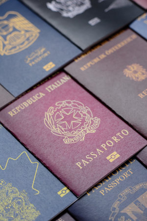 Passports of citizens of different countries of the world, background consisting of passports of several countriesの写真素材