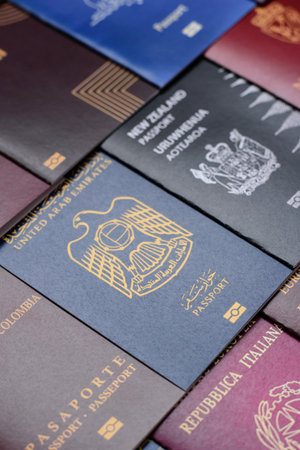 Passports of citizens of different countries of the world, background consisting of passports of several countriesの写真素材