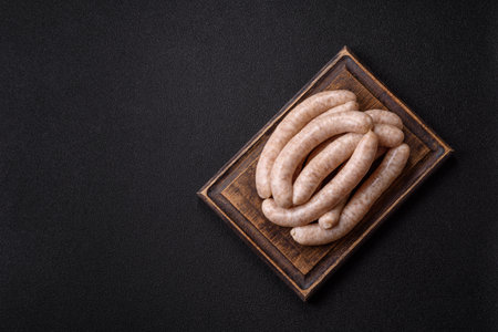 Raw pork or chicken meat sausages, a spicy picnic food. Raw sausages as a food background for your design.の写真素材