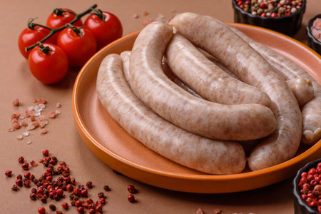 Raw pork or chicken meat sausages for grilling, a spicy picnic food. Raw sausages as a food background for your design.の写真素材