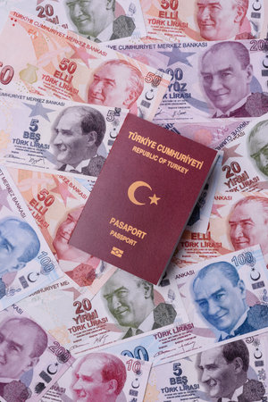 Turkey passport, Turkish visa for international travel and vacation. Turkish passport as a background for your designの写真素材