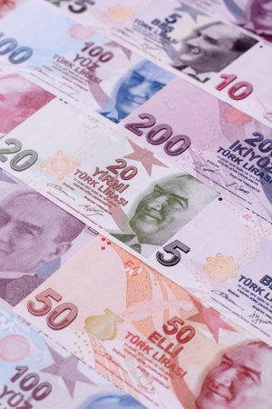 Money, currency of Turkey, lira banknotes of various denominations. Turkish money as a financial background for your designの写真素材