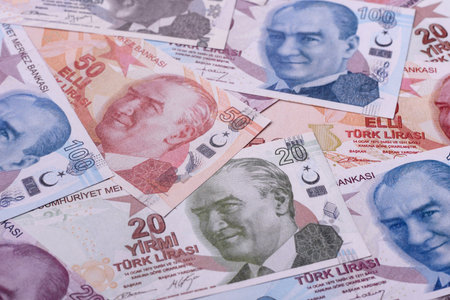 Money, currency of Turkey, lira banknotes of various denominations. Turkish money as a financial background for your designの写真素材
