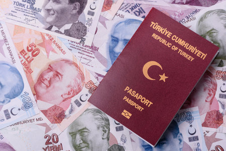 Turkey passport, Turkish visa for international travel and vacation. Turkish passport as a background for your designの写真素材