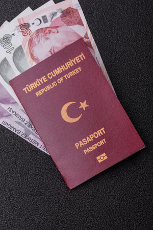 Turkey passport, Turkish visa for international travel and vacation. Turkish passport as a background for your designの写真素材