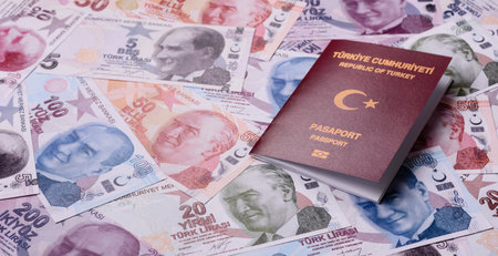 Turkey passport, Turkish visa for international travel and vacation. Turkish passport as a background for your designの写真素材