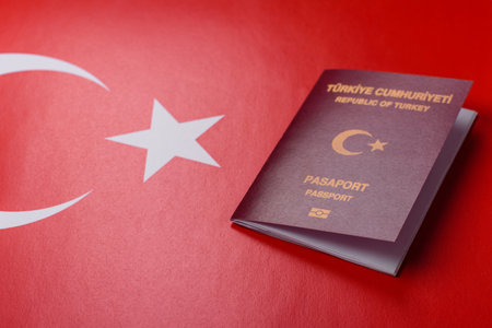Turkey passport, Turkish visa for international travel and vacation. Turkish passport as a background for your designの写真素材