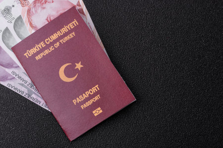 Turkey passport, Turkish visa for international travel and vacation. Turkish passport as a background for your designの写真素材