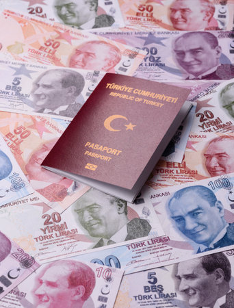 Turkey passport, Turkish visa for international travel and vacation. Turkish passport as a background for your designの写真素材