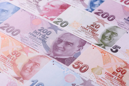 Money, currency of Turkey, lira banknotes of various denominations. Turkish money as a financial...