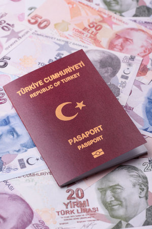 Turkey passport, Turkish visa for international travel and vacation. Turkish passport as a background for your designの写真素材
