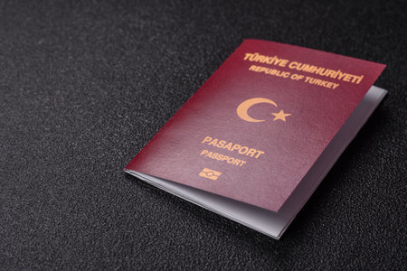 Turkey passport, Turkish visa for international travel and vacation. Turkish passport as a background for your designの写真素材