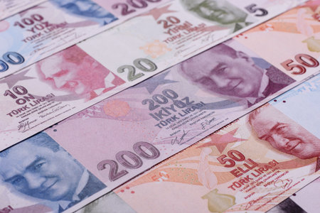 Money, currency of Turkey, lira banknotes of various denominations. Turkish money as a financial background for your designの写真素材