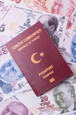 Turkey passport, Turkish visa for international travel and vacation. Turkish passport as a background for your designの写真素材