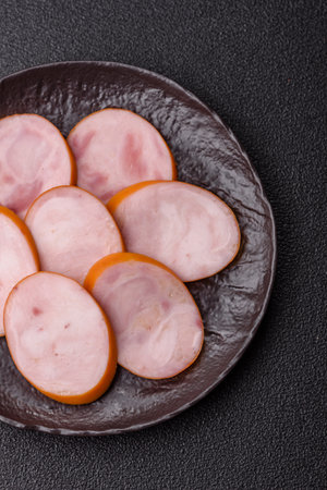 Ham, cooked sausage slices for breakfast sandwiches. Sliced boiled sausage on white background