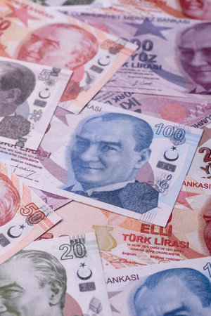 Money, currency of Turkey, lira banknotes of various denominations. Turkish money as a financial...