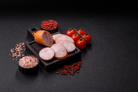 Ham, cooked sausage slices for breakfast sandwiches. Sliced boiled sausage on white background