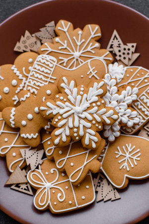 Gingerbread, Christmas cookies, and ornamental holiday baked goods. Christmas gingerbread as a backdrop for your designの写真素材