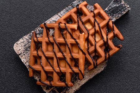 Belgian waffles, a healthy sweet breakfast dessert, food background. Belgian waffles as a food background for your designの写真素材