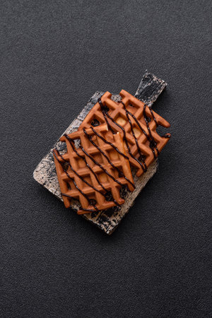 Belgian waffles, a healthy sweet breakfast dessert, food background.