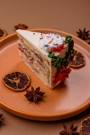 A slice of sweet layered cake with a Christmas ornament and fruit flavor. A slice of cake as a food background for your designの写真素材