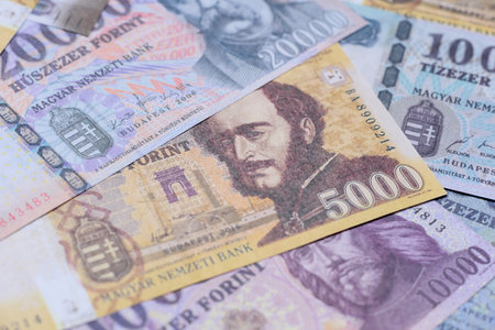 Hungarian forint, cash, currency of Hungary, banknotes for financial transactions. Hungarian forint as a financial background for your designの写真素材
