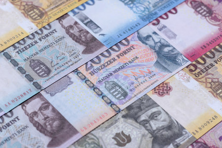 Hungarian forint, cash, currency of Hungary, banknotes for financial transactions. Hungarian forint as a financial background for your designの写真素材