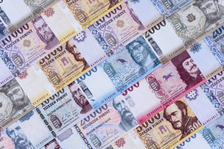 Hungarian forint, cash, currency of Hungary, banknotes for financial transactions. Hungarian forint as a financial background for your designの写真素材