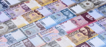 Hungarian forint, cash, currency of Hungary, banknotes for financial transactions. Hungarian forint as a financial background for your designの写真素材