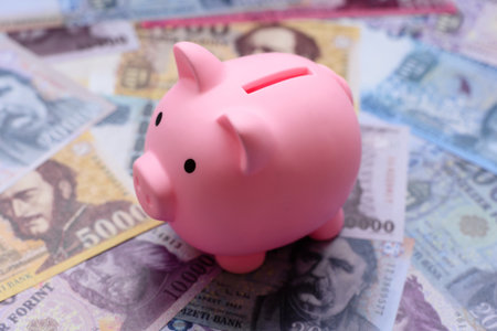 A piggy bank as a concept for storing, accumulating, and saving financial resources. A piggy bank as a financial backdrop for your designの写真素材