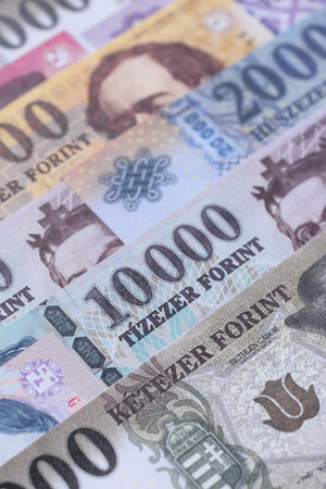 Hungarian forint, cash, currency of Hungary, banknotes for financial transactions. Hungarian forint as a financial background for your designの写真素材